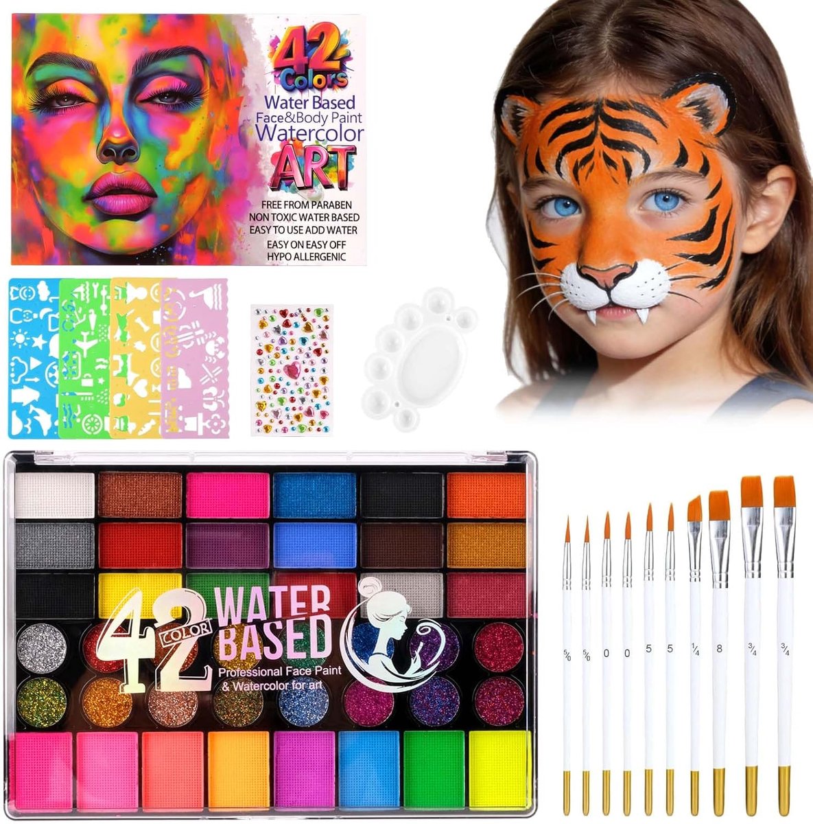 Gezichtsverf voor kinderen - 42 kleuren - compleet met penselen en sjablonen - creatieve mogelijkheden voor feesten - ShopVlot