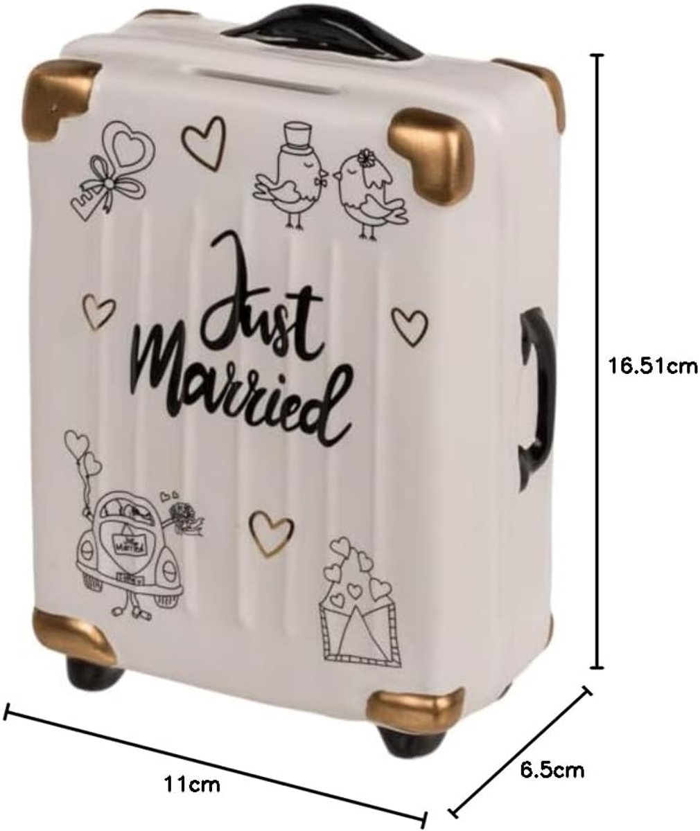 Spaarpot Koffer Trolley Bruiloft - Keramiek - Just Married met Deksel - Origineel Cadeau - ShopVlot