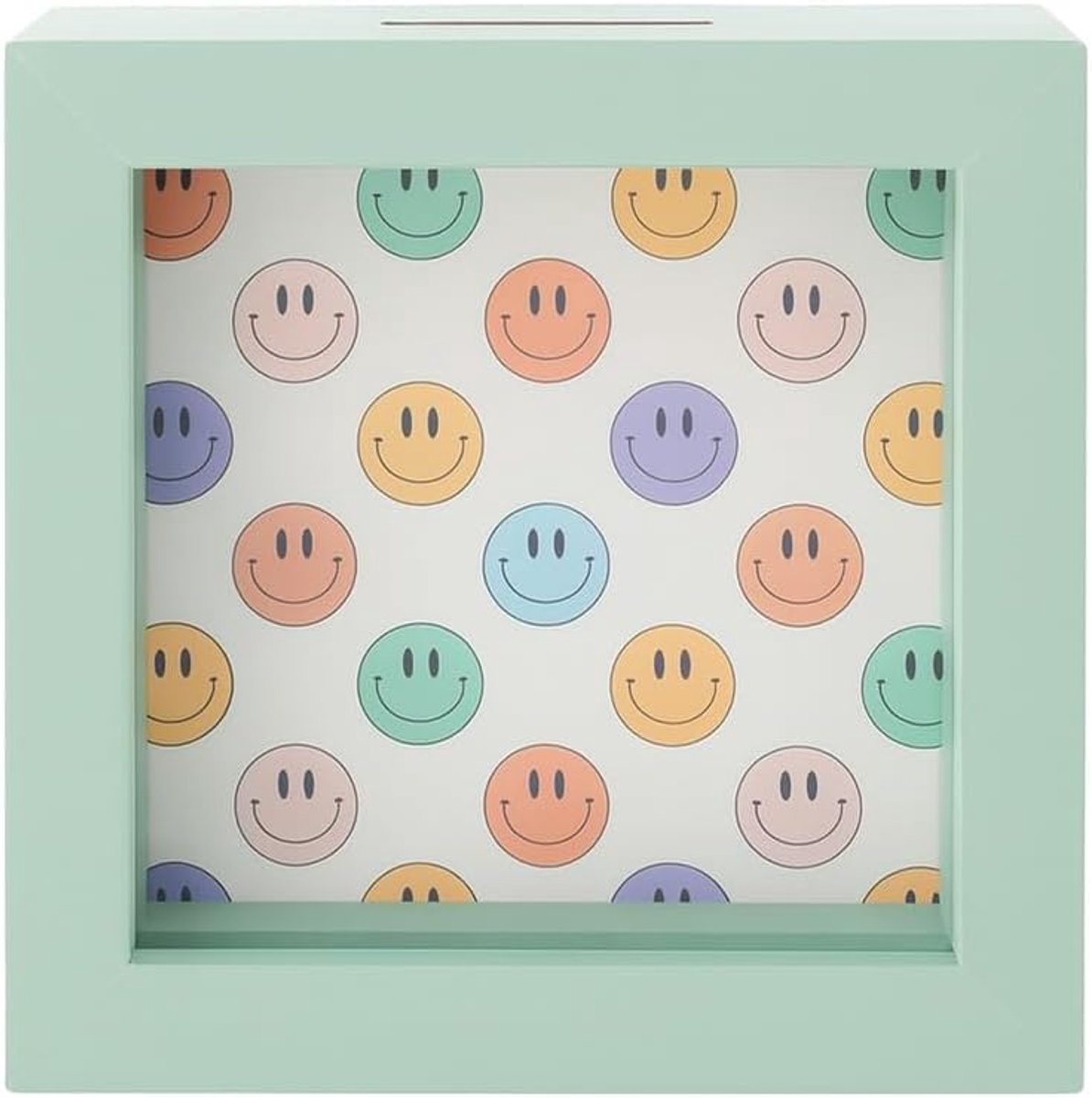Spaarpot voor kinderen 15 x 15 x 5 cm - Houten en glazen spaarpot - Blij gezicht - Stimuleert sparen - ShopVlot
