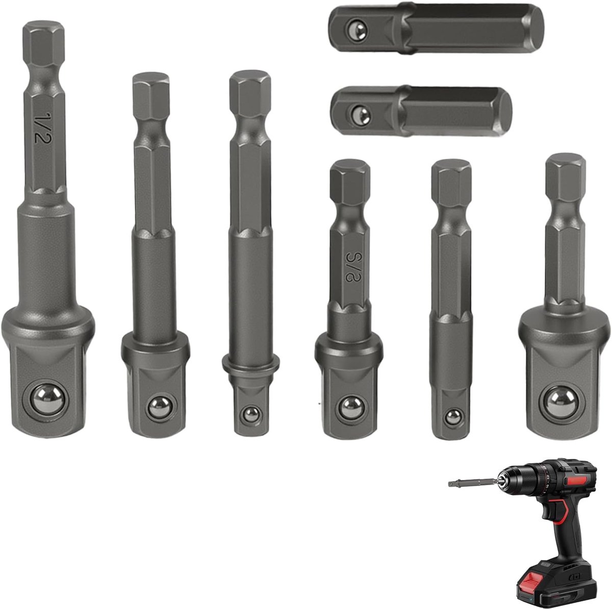 Set van 8 Stekkeradapters - 1/4 Inch Hexagon naar 1/4, 3/8 en 1/2 Inch - Hoogwaardige Chrome Vanadium Staal - ShopVlot