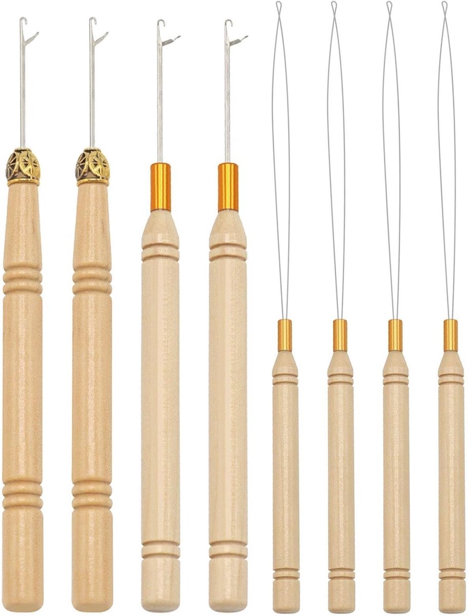 Haarverlengingsgereedschappen 8-delig - Hout en metaal - Geschikt voor vlechten - Ideaal voor haarstyling - ShopVlot