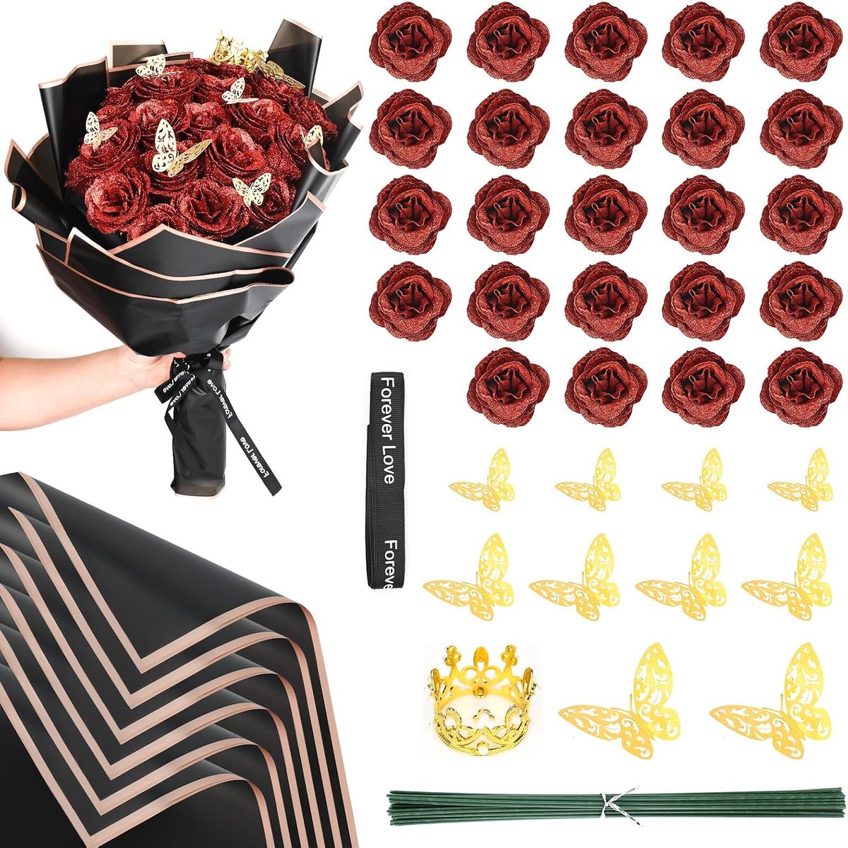 Glitter rozenboeket 24 stuks - kunstmatige rozen - DIY set met kroon - perfect voor bruiloft - m-winkel