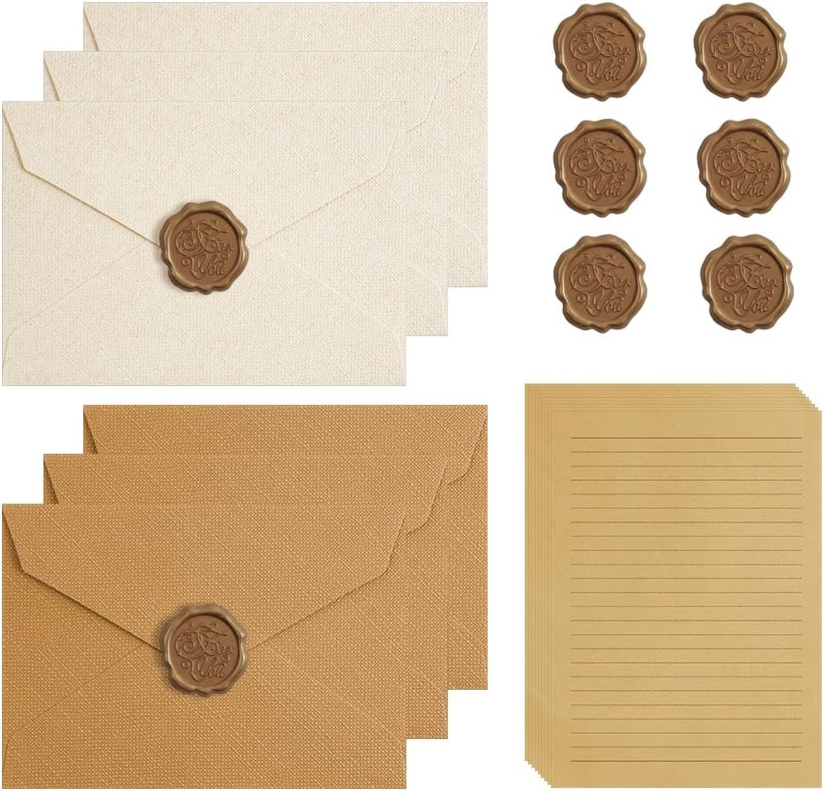Vintage briefpapier set 22-delig - 10 A5 gelinieerde vellen - 6 linnen enveloppen - ShopVlot