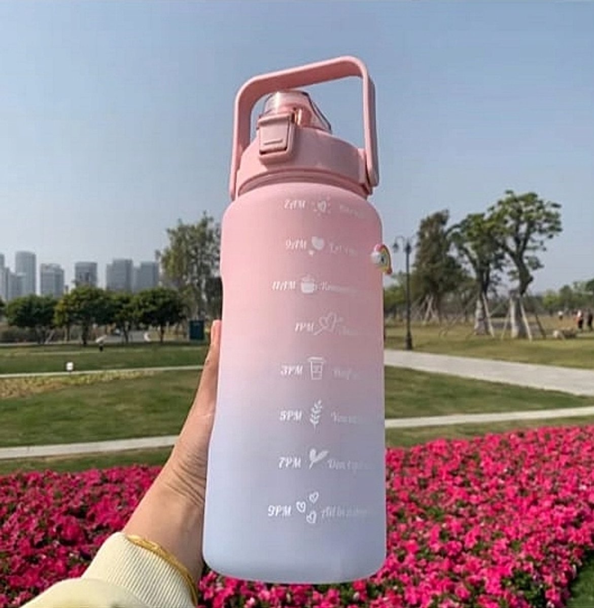 Grote Ombre Waterfles - 2 Liter - Roze Sportfles met Rietje