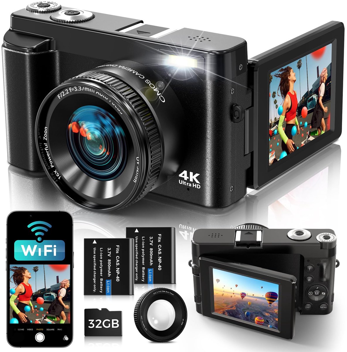 Digitale camera 4K - 64 MP - 3 inch display - 180 graden draaibaar - ShopVlot
