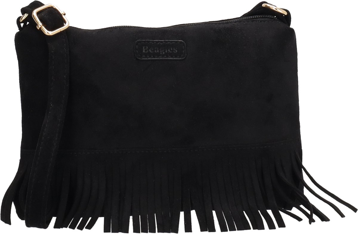 Beagles Chino Crossbodytas - Faux Suède - Schoudertas - Damestas - Franjes - Bohemian - Verstelbare Schouderband - Zwart