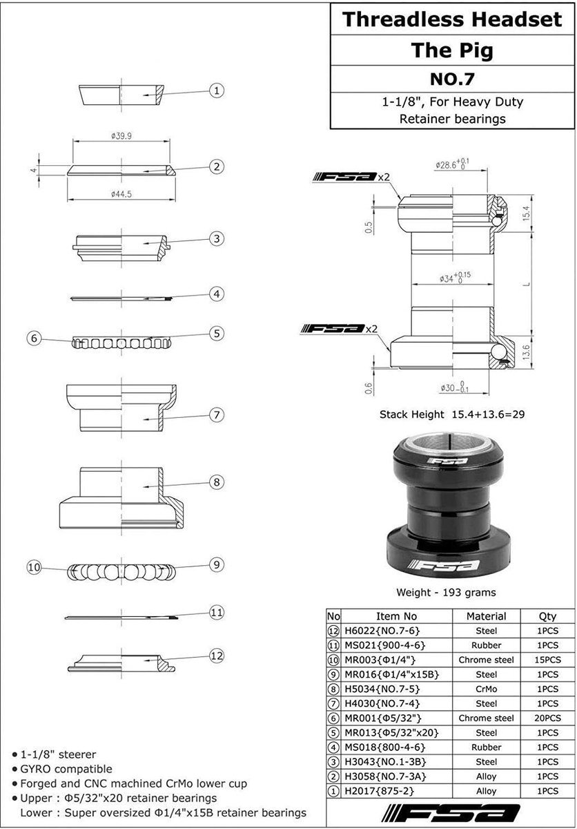 FSA headset 1-1/8 inch - zwaar staal - oversized kogellagers - voor BMX en MTB - ShopVlot