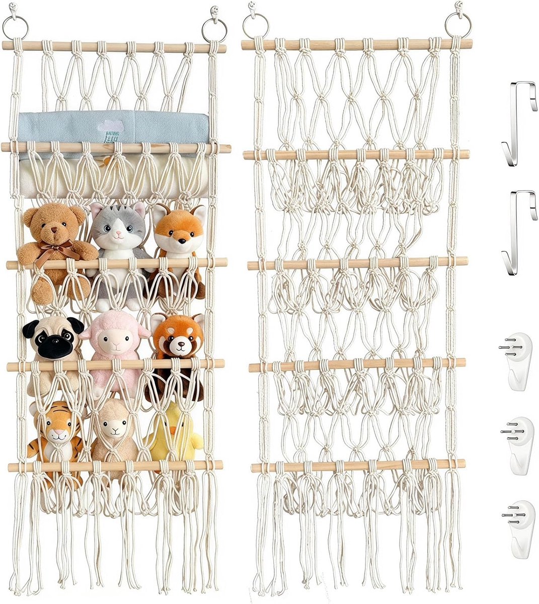 Knuffeldier opbergnet 4 verdiepingen - macramé - hangend - speelgoedorganizer voor kinderkamer - ShopVlot