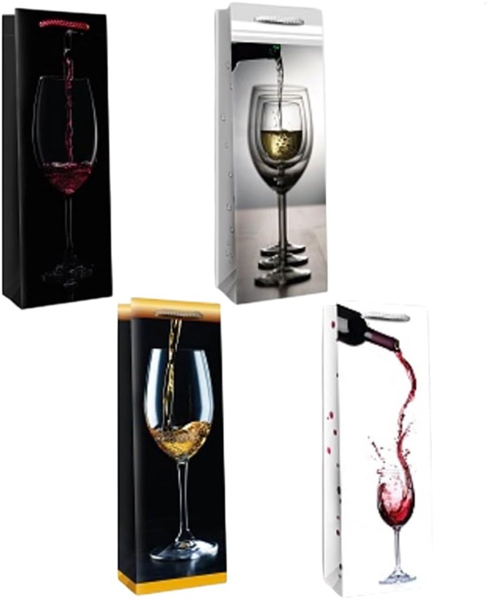 Geschenktasjes set van 4 - papieren zakken wijnkelder - elegante afwerking - perfect voor wijnflessen - ShopVlot