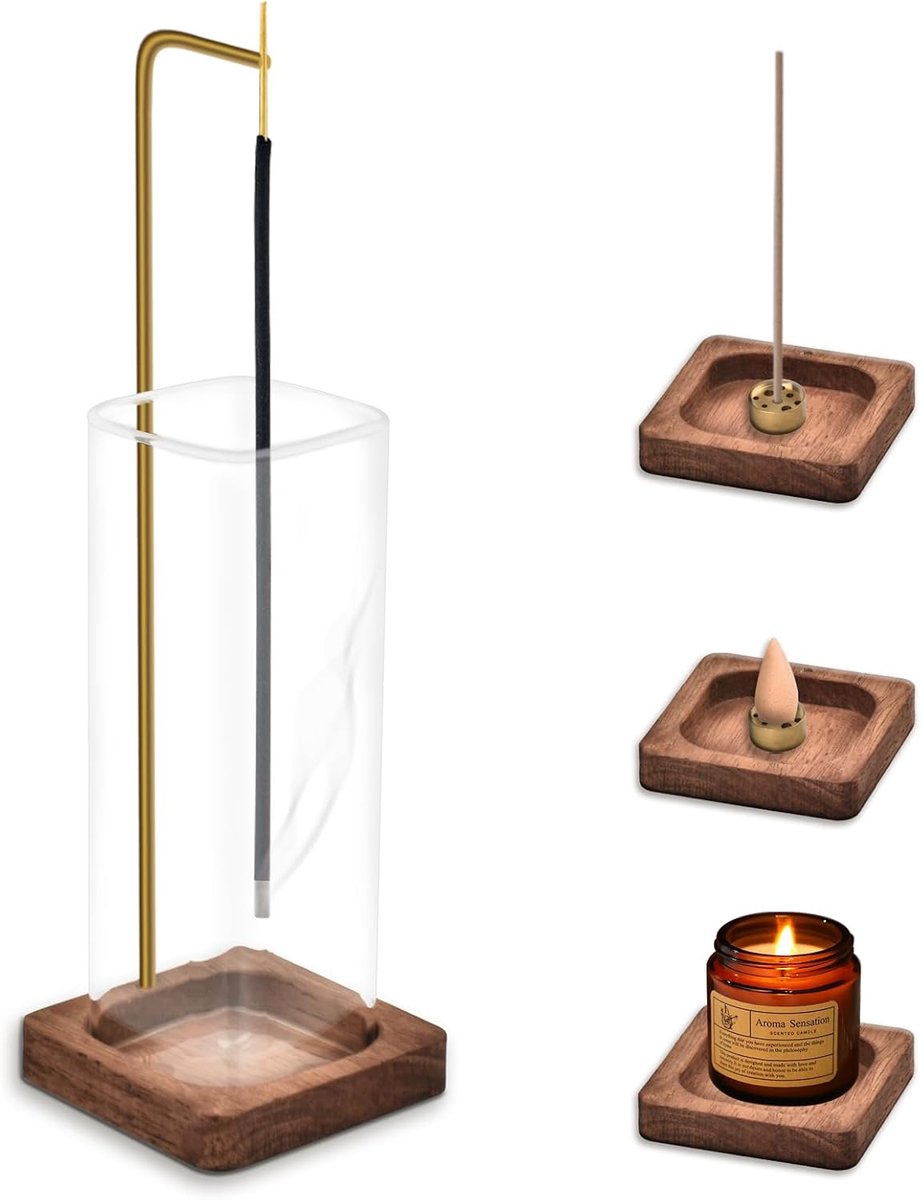 Wierookhouder met glazen asvanger - Hout - Modern design - Ideaal voor meditatie - ShopVlot