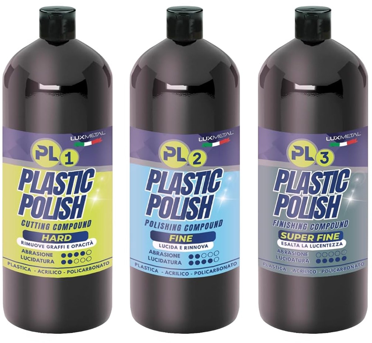Polijstpasta set voor kunststof - 3 stappen PL1 PL2 PL3 - verwijdert krassen en mattheid - stimuleert glans - ShopVlot
