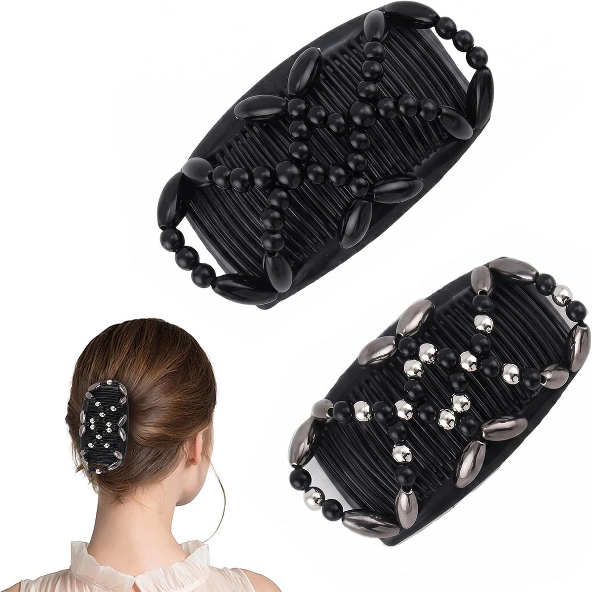 Haarkam set 2 stuks - zwart/geweerzwarte - met parels - voor dik of fijn haar - ShopVlot