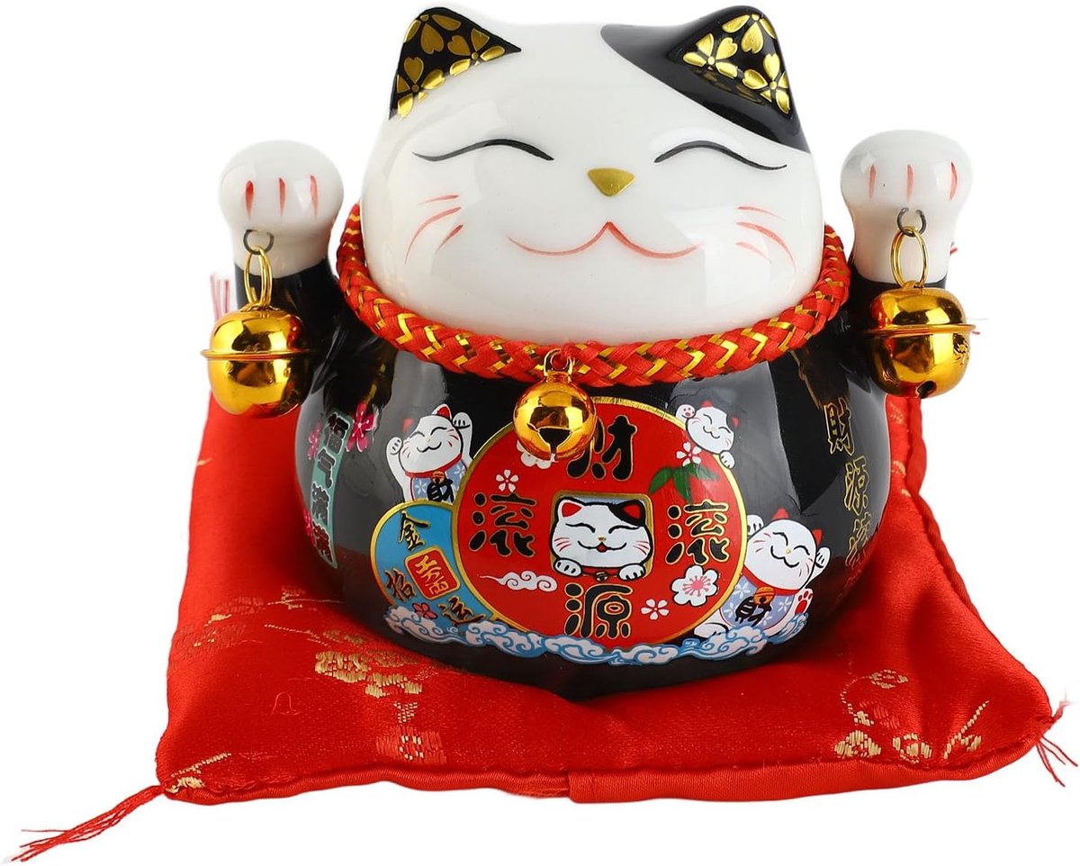 Gelukskat keramische figuur 11,5 cm - zwarte kat - brengt positieve energie - decoratie voor huis - ShopVlot