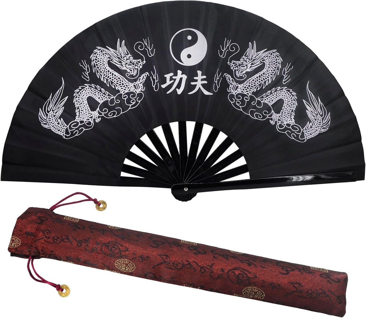 Kung Fu fan 13" - bamboe handventilator - zwart met draakontwerp - ideaal voor tai chi en dans - ShopVlot