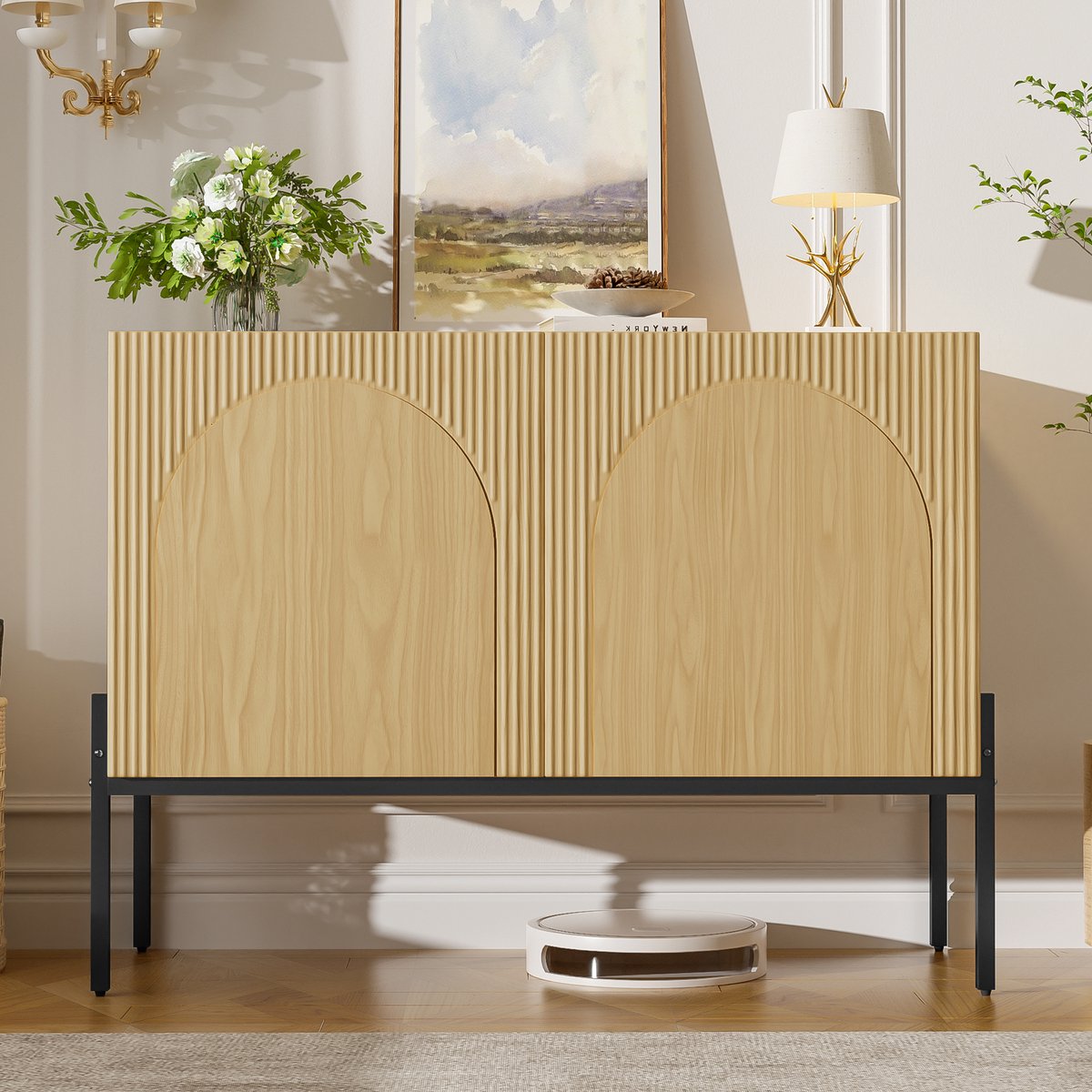 VVBV Dressoir 100x40x75 cm - Opbergruimte, Glazen Deuren, 2 Deuren - Naturel, Spaanplaat