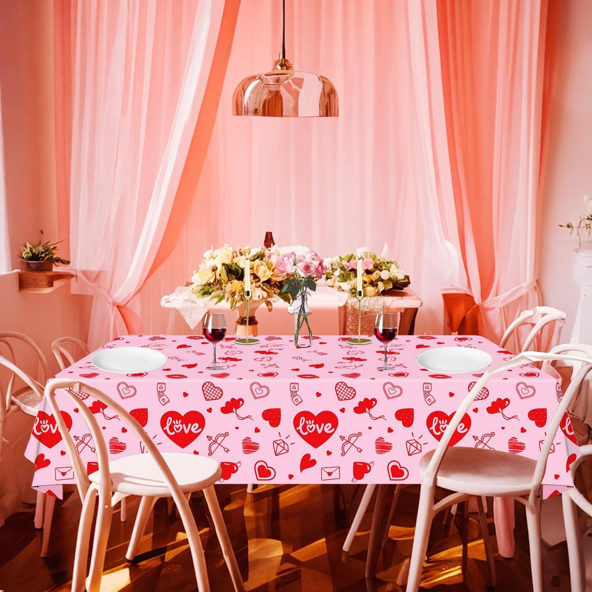 Tafellaken Valentijnsdag 4 Stuks - 220x130cm - Roze Rode Hartjes - Perfecte Decoratie voor Feestjes - ShopVlot