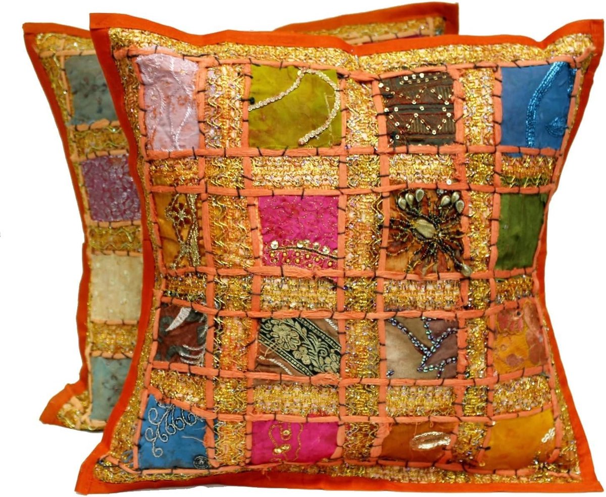 Kussenhoezen set van 2 - 41 x 41 cm - Katoen - Vintage Indiase borduring - Perfect voor sfeervolle living - ShopVlot