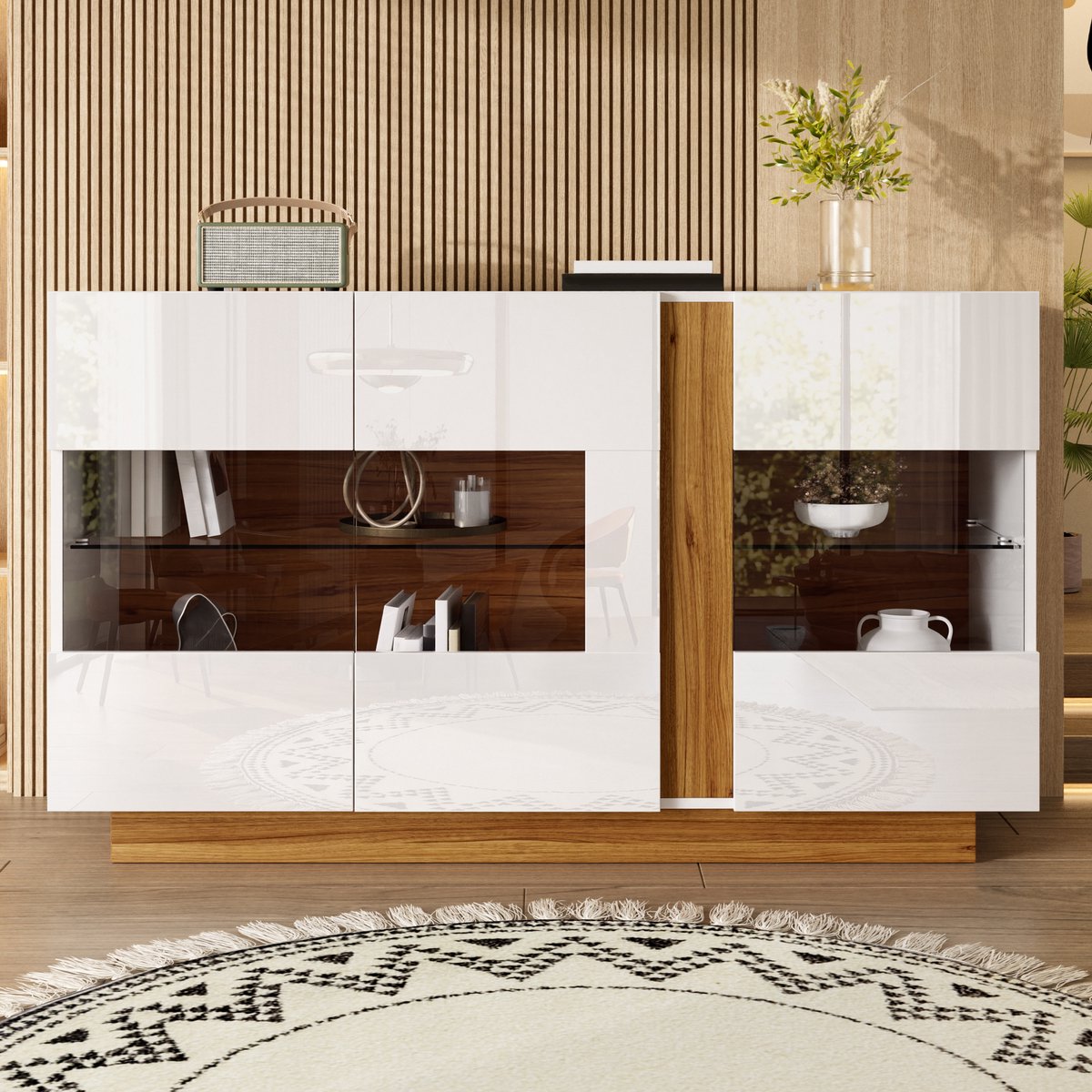 VVBV Dressoir 120x38x80 cm - Opbergruimte, LED-Verlichting, Met Lades, Met Planken - Wit/Naturel, Spaanplaat