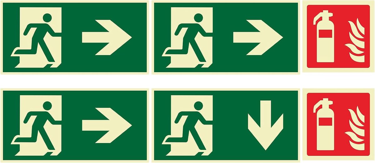 6 stuks nooduitgangs- en brandblusserborden, 2 x brandblusser (10 x 10 cm) + 4 x nooduitgangskaarten (30 x 15 cm, 3→ 1↓), zelfklevend, fluorescerend pvc, voor thuis, kantoor, hotels, scholen en