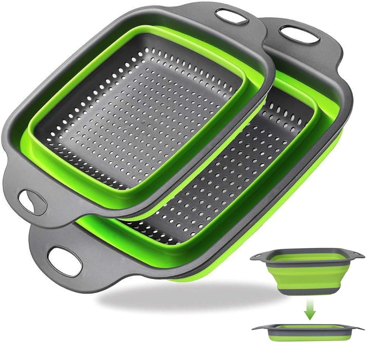 2 opvouwbare siliconen zeef 2-in-1, opvouwbare keukenzeef met afvoer, wasmand voor groenten en fruit, ideaal voor camping en kleine keukens (groen)