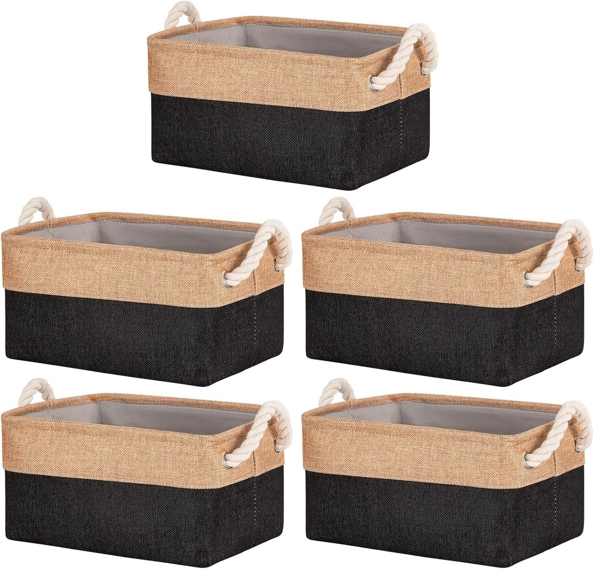 5 stuks opbergmanden voor planken met katoenen touwhandgrepen, opvouwbare stoffen canvas materiaal opbergdozen organizer voor kleding, speelgoed, kantoorproduct (zwart, 30 x 20 x 15 cm)