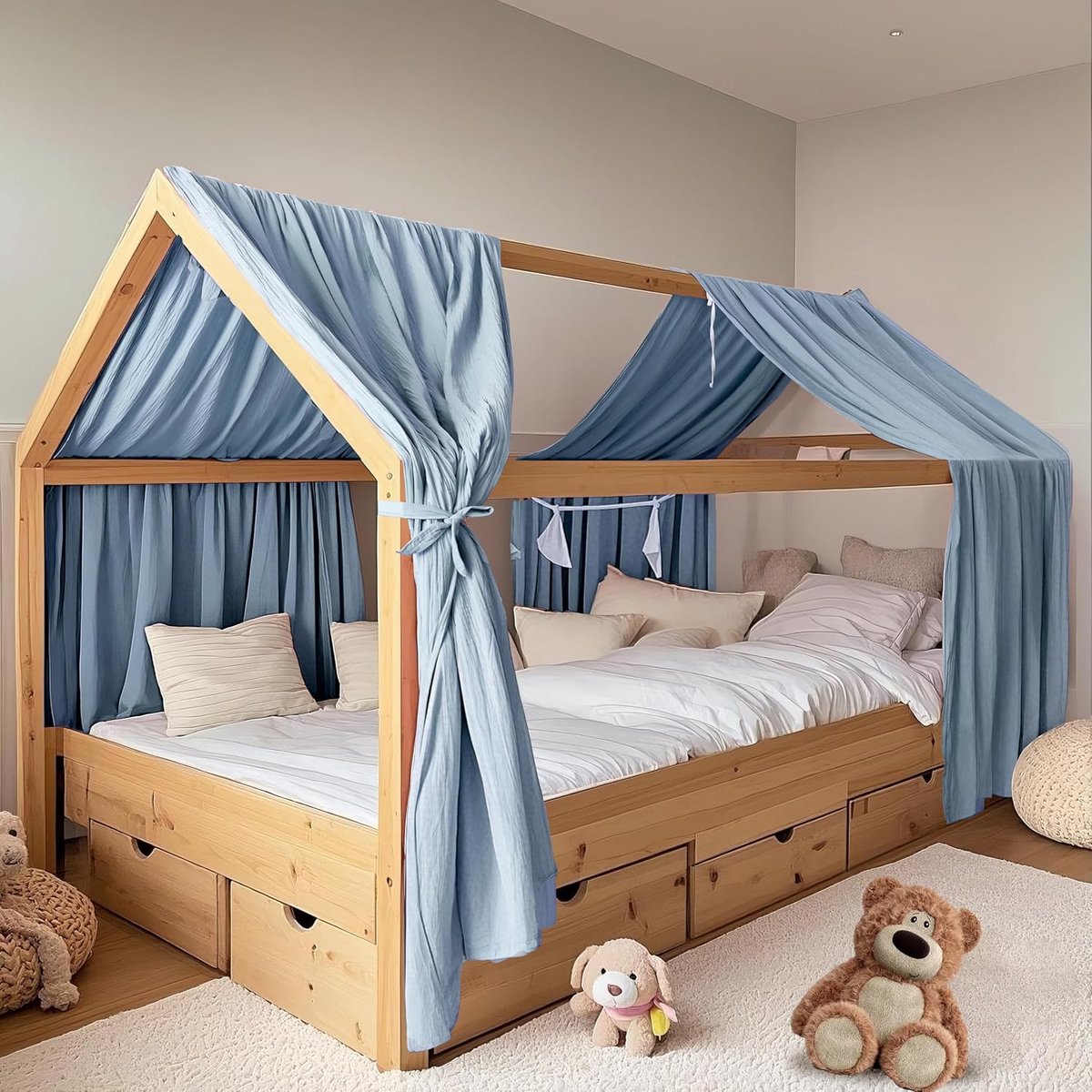 2 stuks, handgemaakt van 100% katoen-mousseline, stoffen hemel voor huisbeddecoratie, voor meisjes en jongens (set van 2, 132 x 320 cm, blauw)