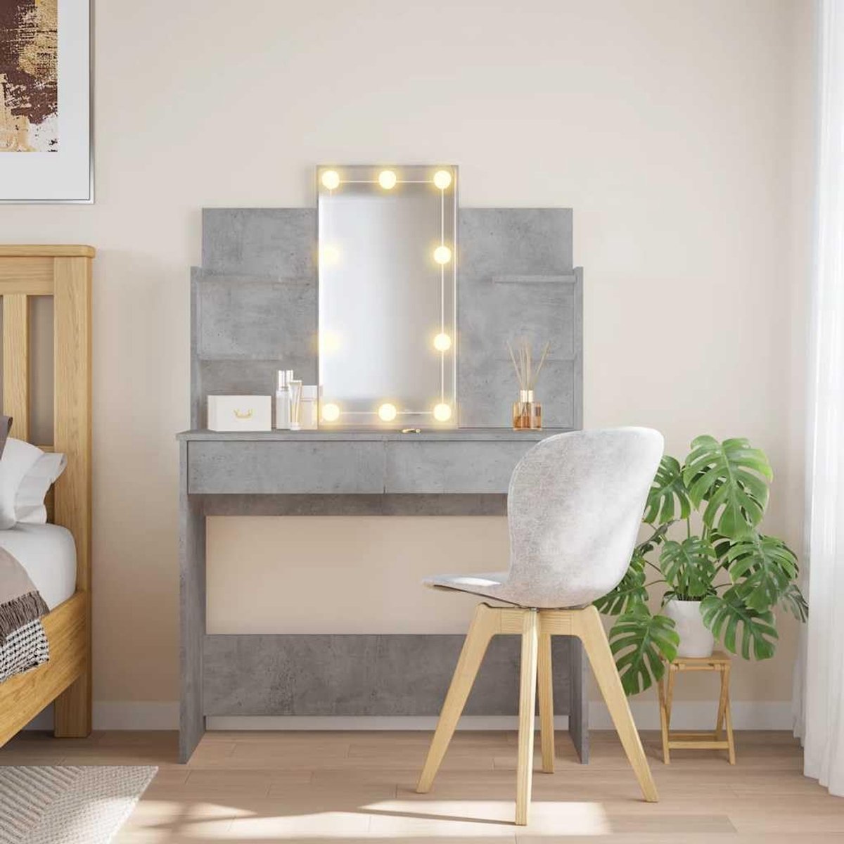 Dressing Table met Spiegel - Beton Grijs - Verstelbare LED Verlichting - Ideaal voor Make-up - SnelShoppen
