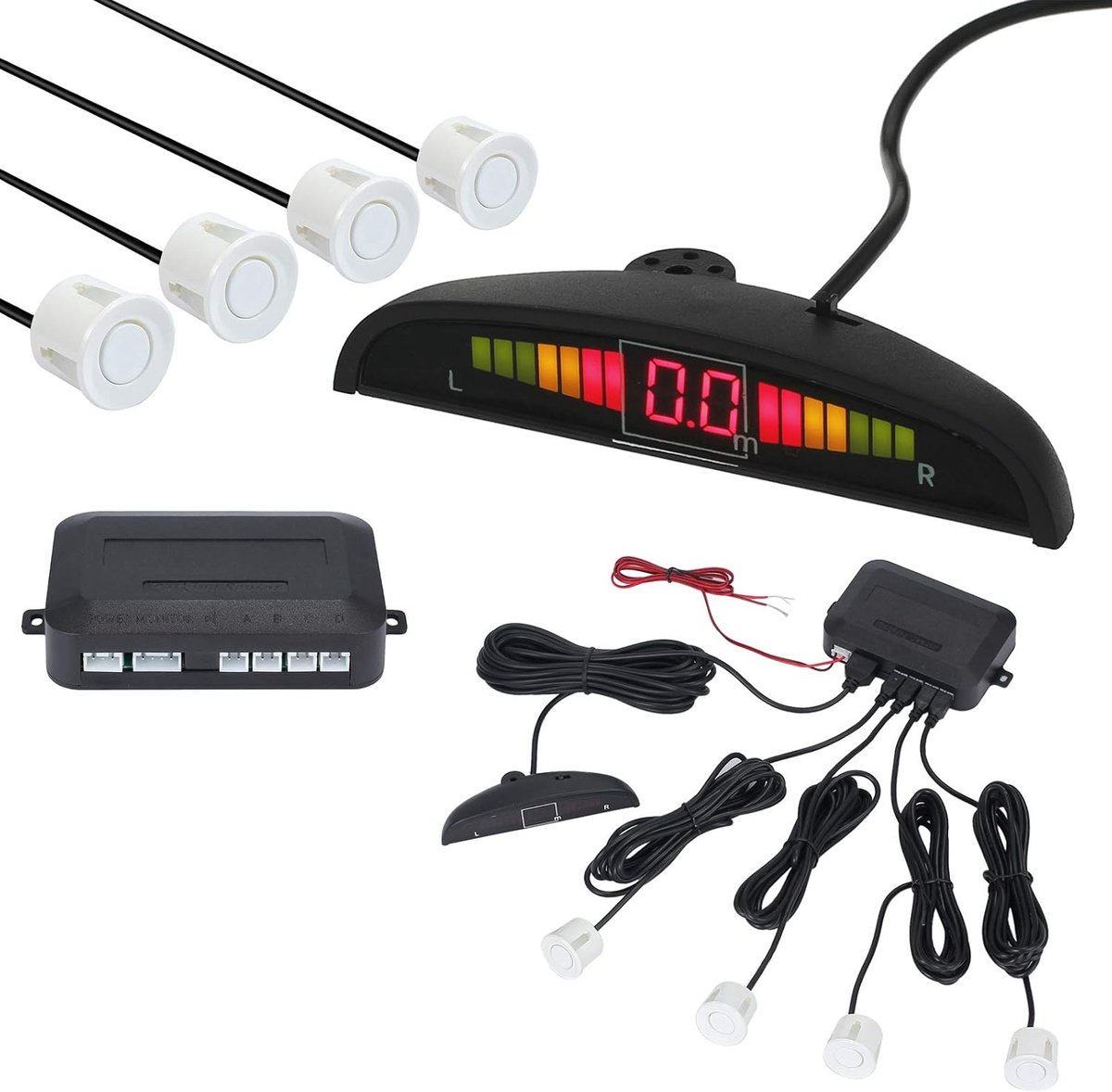 Witte Achteruitrijdende Auto Parkeersensoren 4 Sensoren Kit Audio Zoemer Alarm LED Display