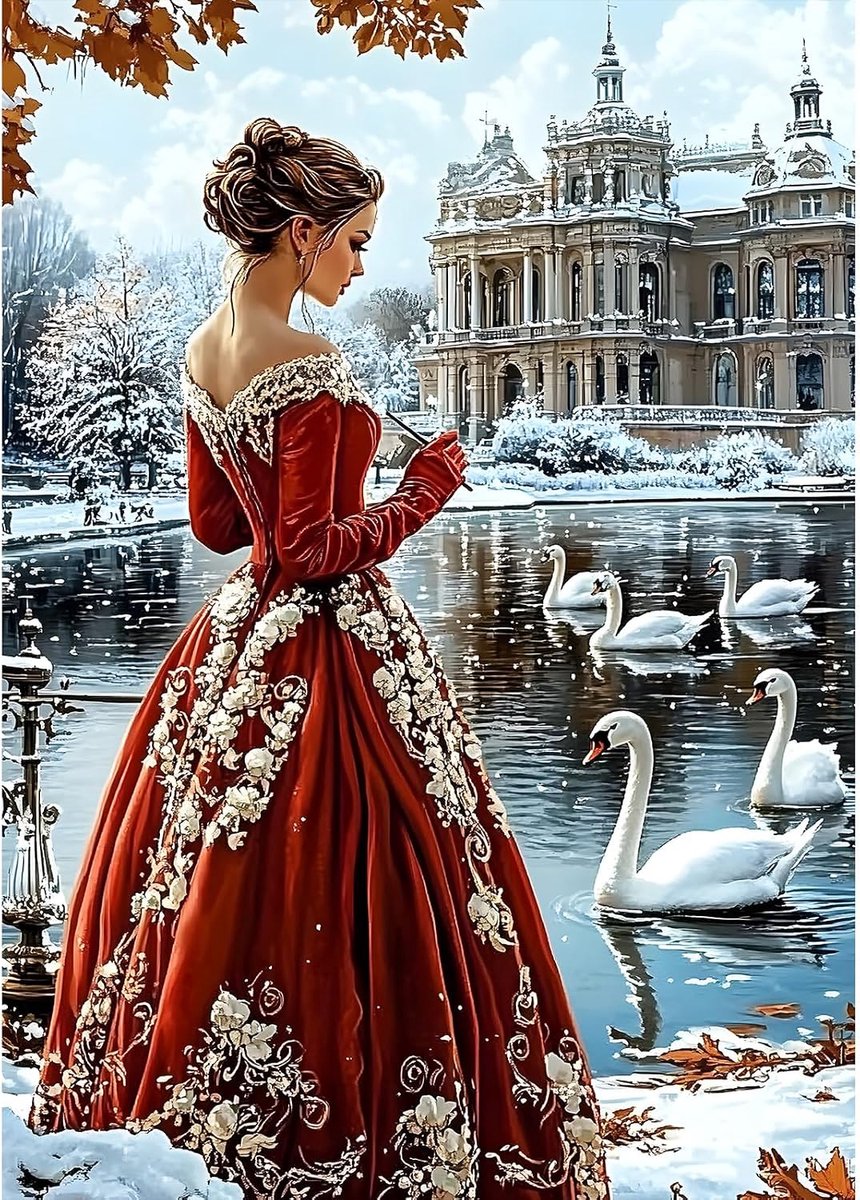 Diamond Painting Art Kit for Adults Lady in Red Dress by the Lake, DIY Round Full Drill Diamond Art Painting, Crystal Rhinestone Craft for Beginners, Home Wall Decor Gift 30 x 40 cm