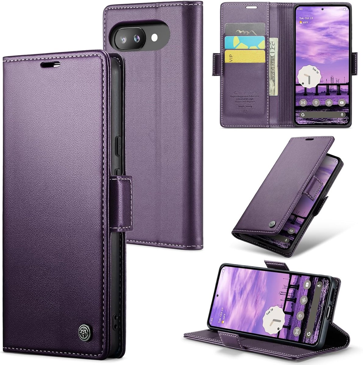Hoesje voor Google Pixel 9a Case, Premium Lederen Flip Case met 3 Kaartsleuven, RFID-blokkering, Opvouwbare Standaard en Magnetische Sluiting, Beschermhoes Google Pixel 9a, Paars