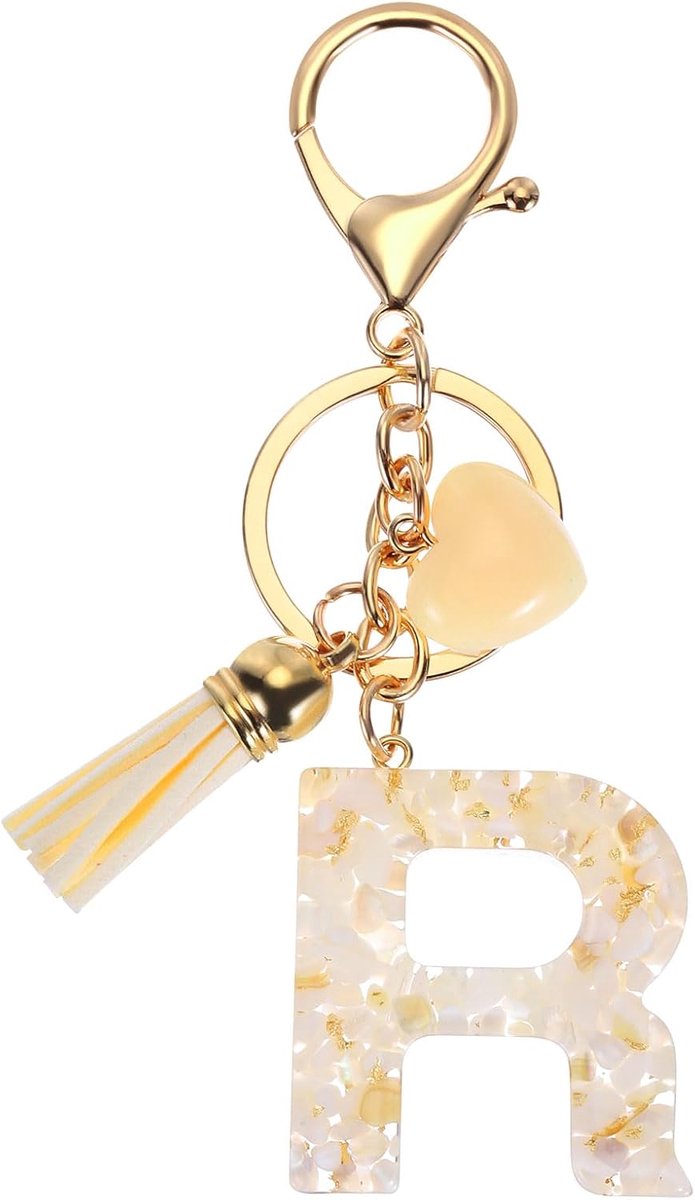 Alfabet Eerste Letter Sleutelhanger, Hars Leuke Sleutelhangers met Kwastje Hart Letter R Hanger Charm voor Vrouwen Sleuteltas Handtas Rugzak Tas Accessoires, Beige, Beige, 10.9 cm