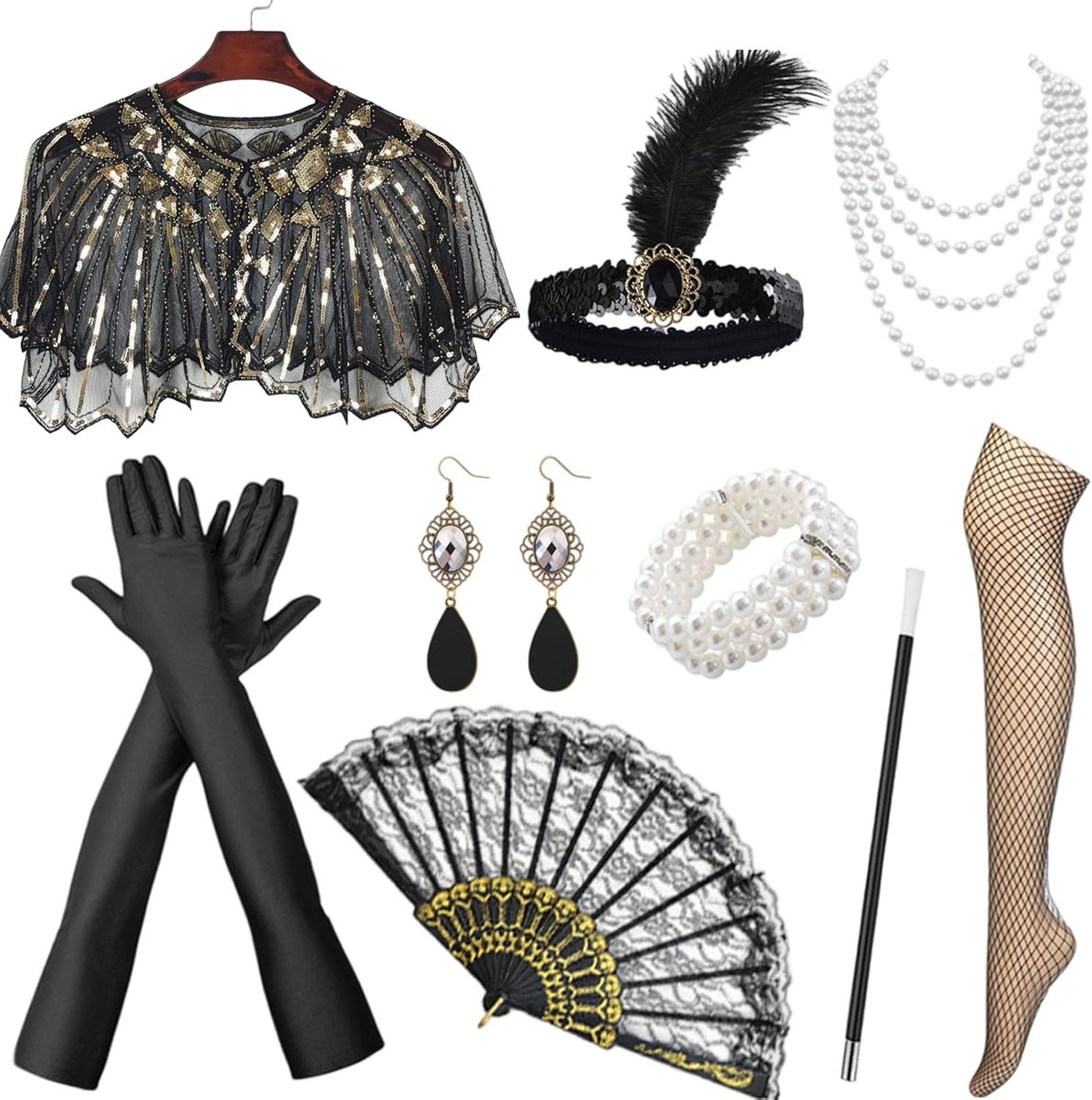 9-delige accessoireset voor dames, flapper Great Gatsby-kostuum, bruisende jaren 20-modeaccessoires, Charleston Disfrazzo set voor vrouwen