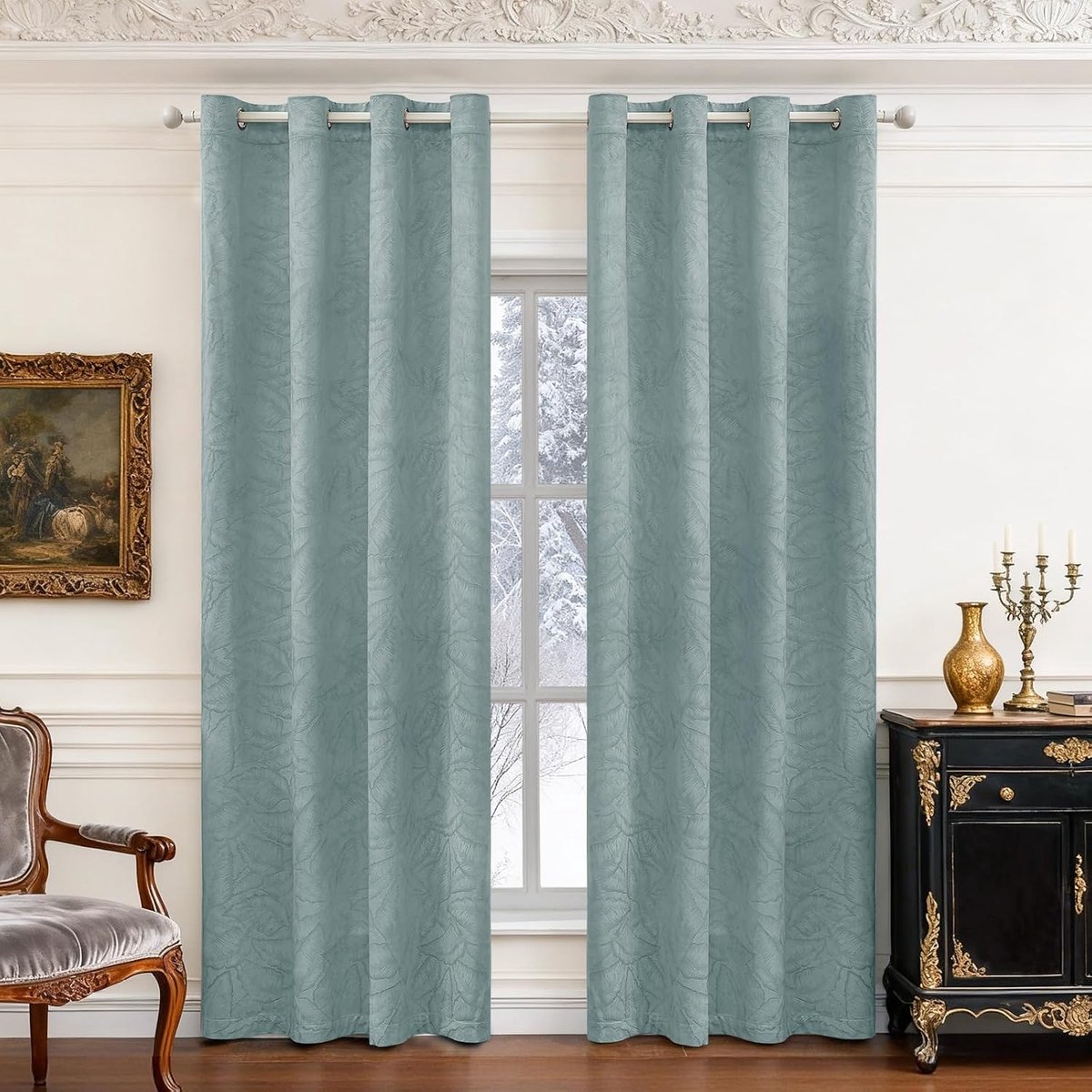 Fluwelen Gordijnen Verduisterend Set Van 2, 140 x 160 CM, Ondoorzichtige Gordijnen Met Ringen, Voor Woonkamer Slaapkamer, Gordijnen Warmte-en Koude-Isolerende Thermische, Groen Grijs