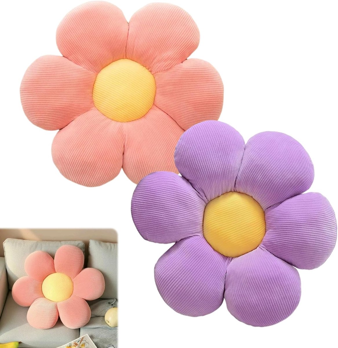 2 stuks, bloemenvloerkussen, zitkussen, 38 x 38 cm, bloemenvloerkussen, tatami, bloemvormig, zacht bloemblaadkussen, bloemenvorm voor slaapkamer, bank, bank (paars en roze)