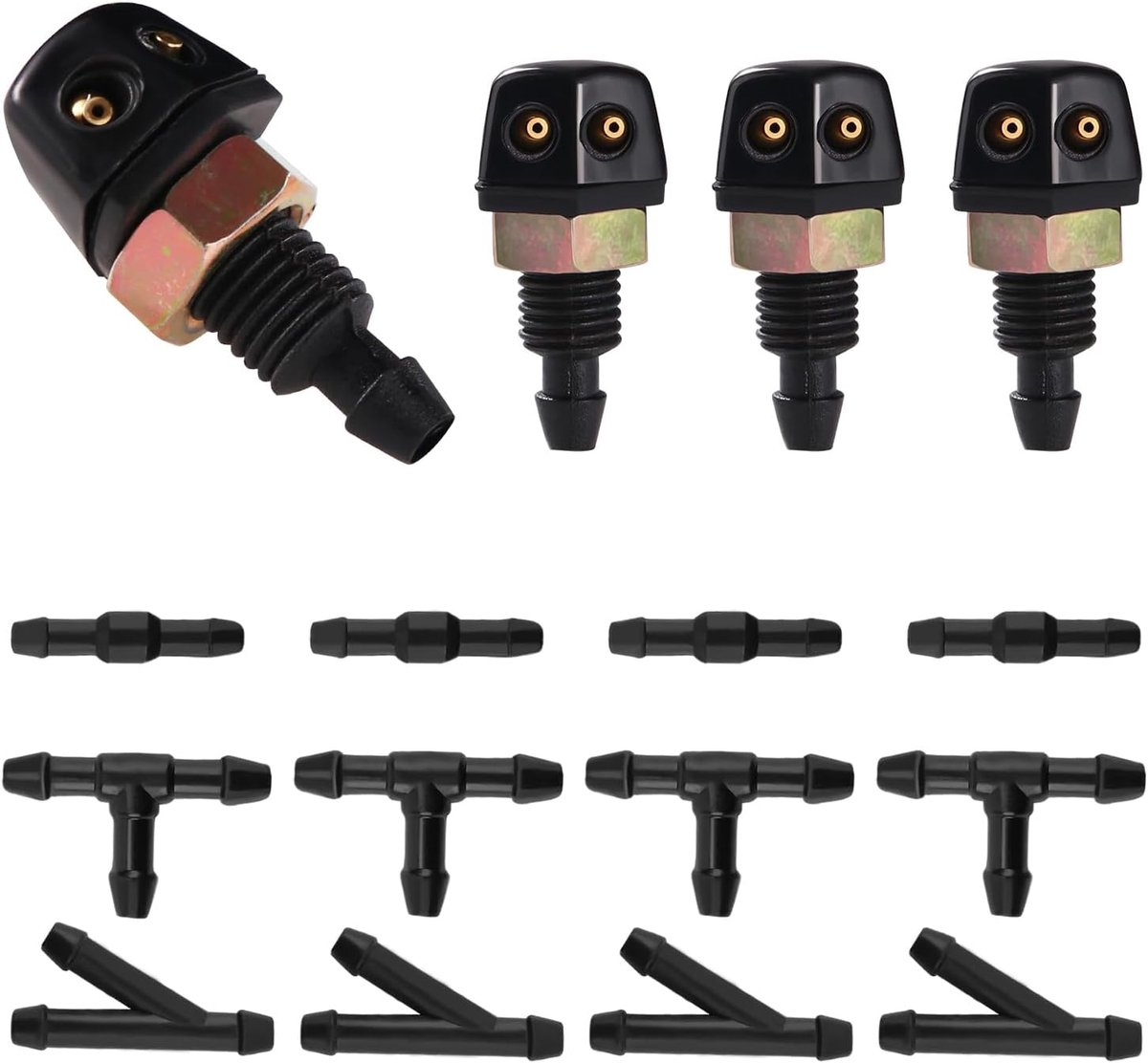 4 Stuks Universele Voorruitsproeiersproeiers, Ruitensproeier Ruitensproeiersproeier, Auto Voorruitenwissersproeiers, met 12 Stuks Ruitensproeierslangconnector