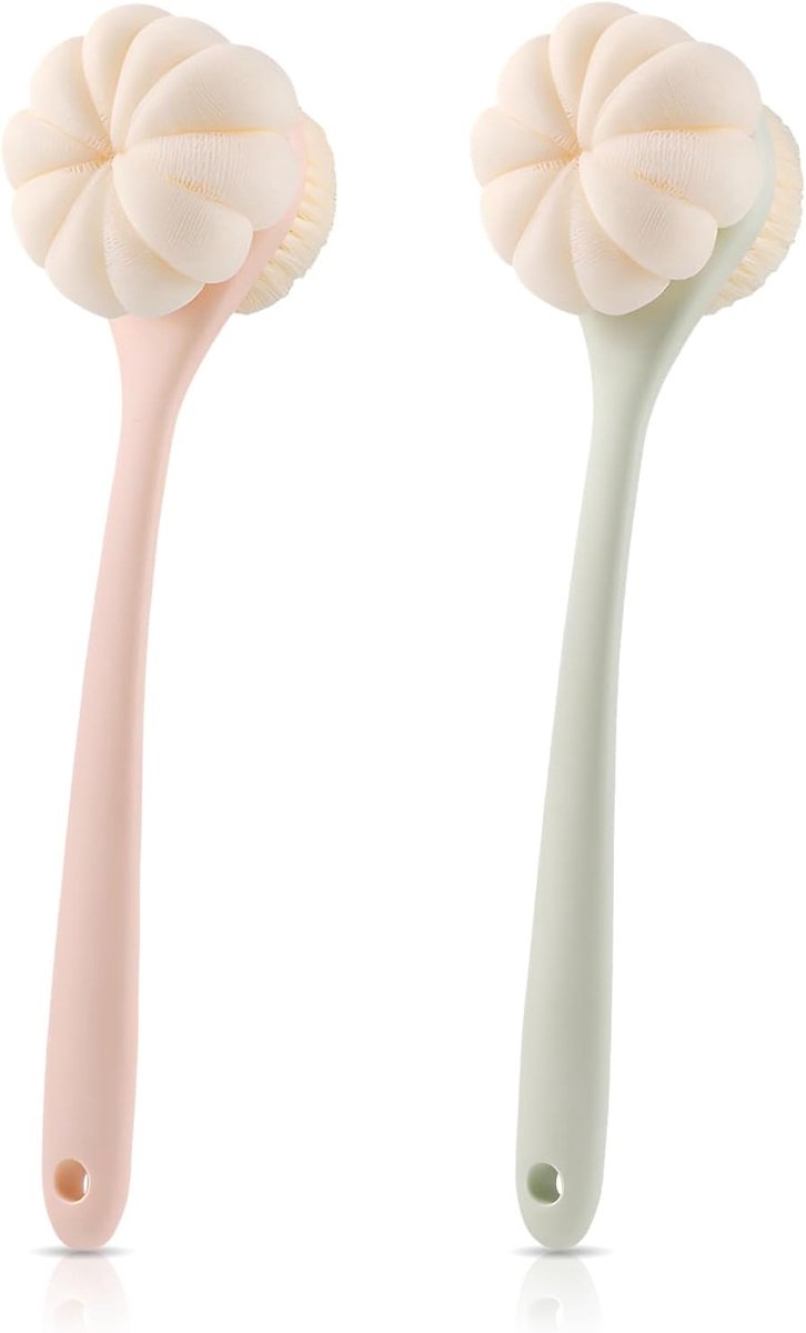 2 stuks 41 cm lange doucheborstel met lange steel, dubbelzijdige doucheborstel, rugborstel, lichaamsborstel, kan worden gebruikt voor peeling, inclusief douchespons (roze+groen)