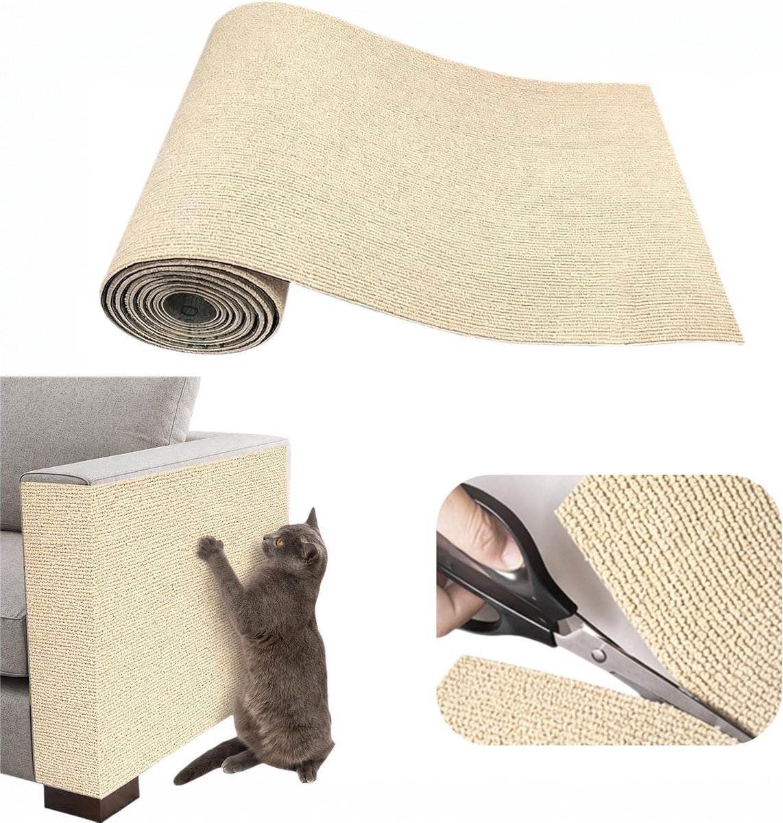 Krabmat, 300 x 40 cm, krasbescherming voor bank, kat, op maat te snijden, voor kattenstandaard, houten handvat, kattentoren, muren, kaki