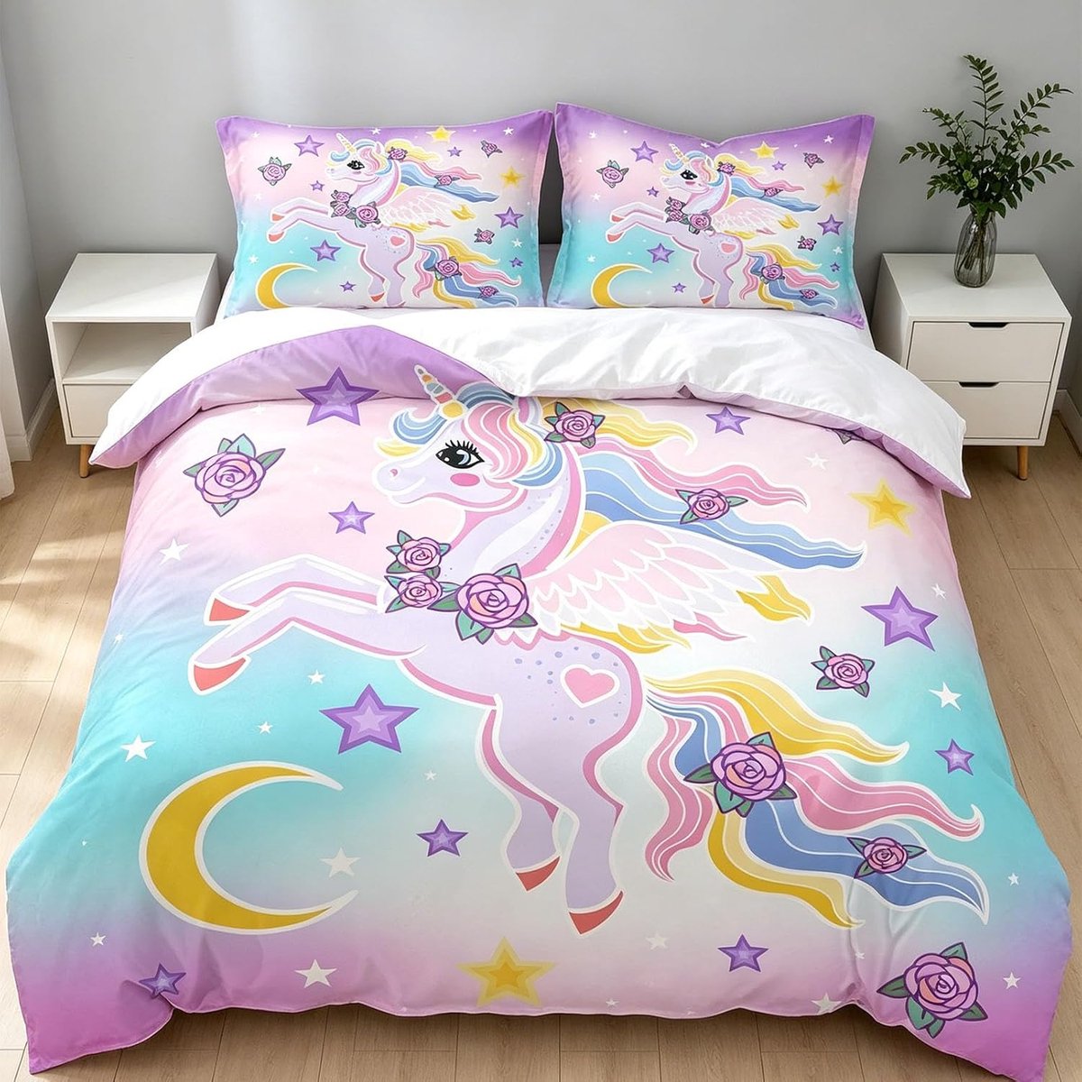 Beddengoed Eenhoorn 135 x 200 cm roze meisjes beddengoedset schattige cartoon regenboog eenhoorn motief dekbedovertrek met kussensloop (A, 220 x 240 cm)