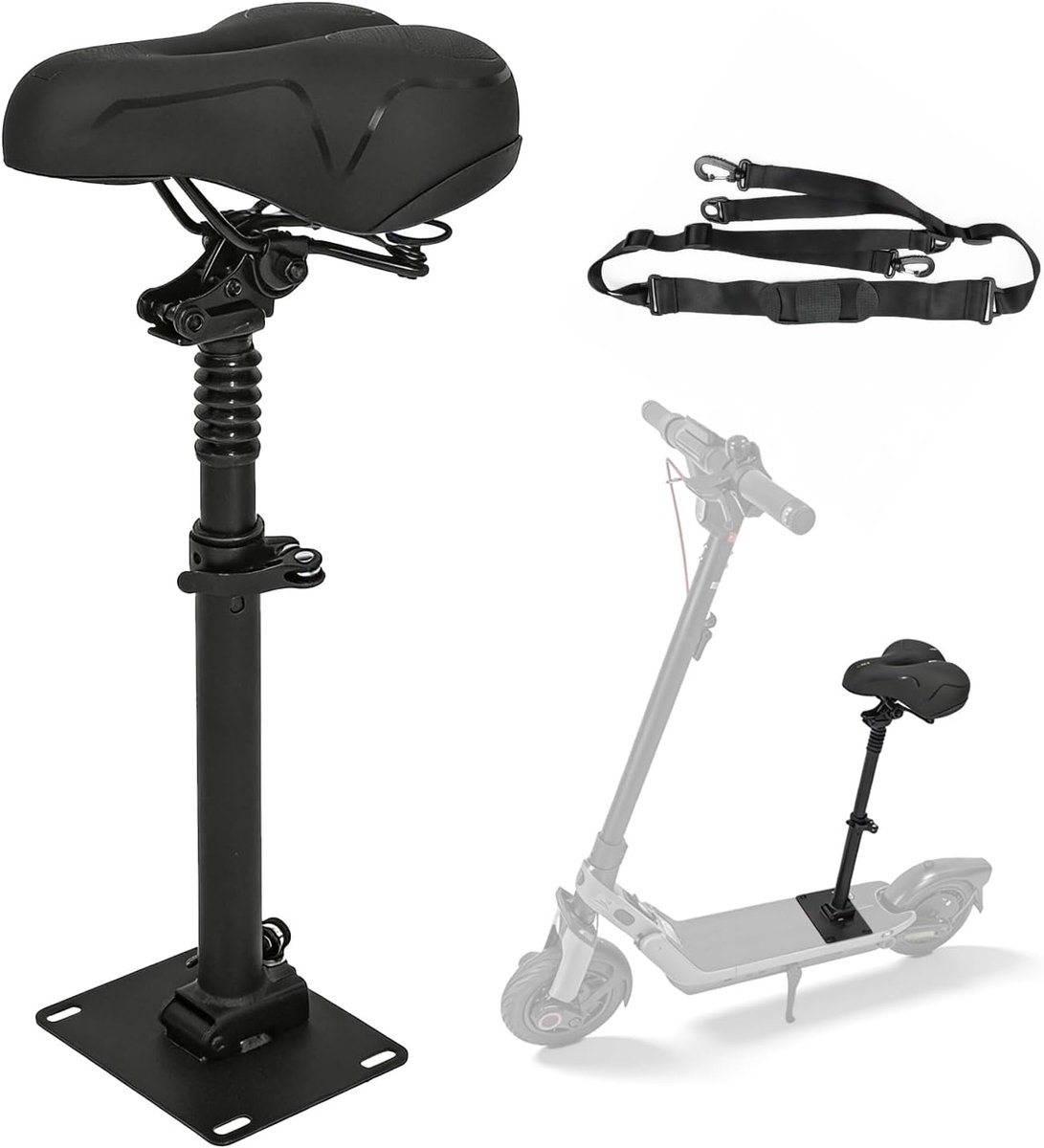 Inklapbare en in hoogte verstelbare stoel voor elektrische step, compatibel met Segway Ninebot F3/E3/E3 Pro, zithoogte 45–65 cm met schokdempende zitting, draagriem en reflecterende strepen