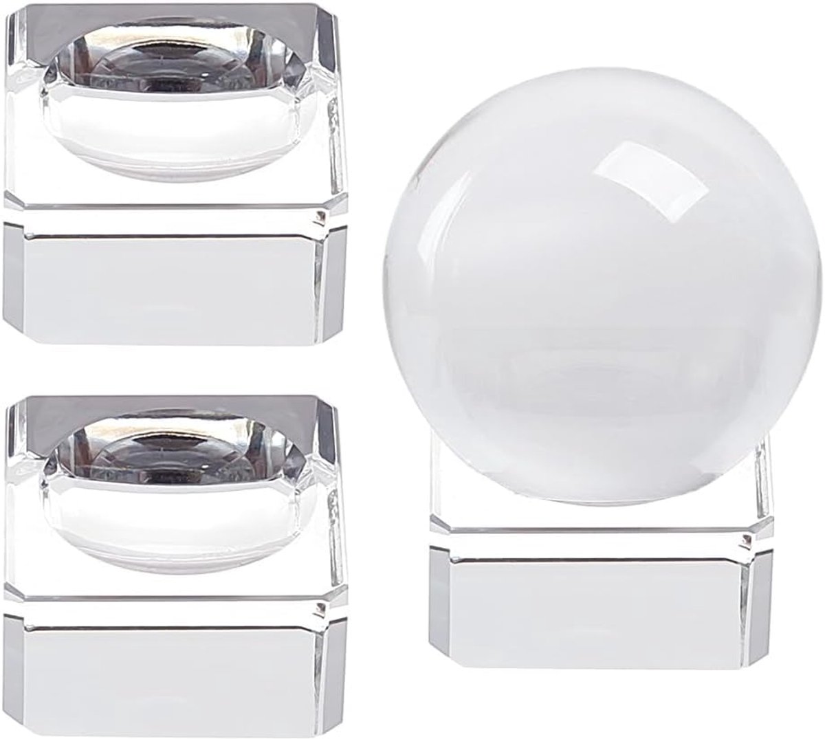 PandaHall 3 stuks kristallen bollenstandaard, vierkante kristallen display-basen, transparante sphere, glazen houder, basis voor display van 40 mm tot 90 mm, kristallen ballen, golfbal, ks