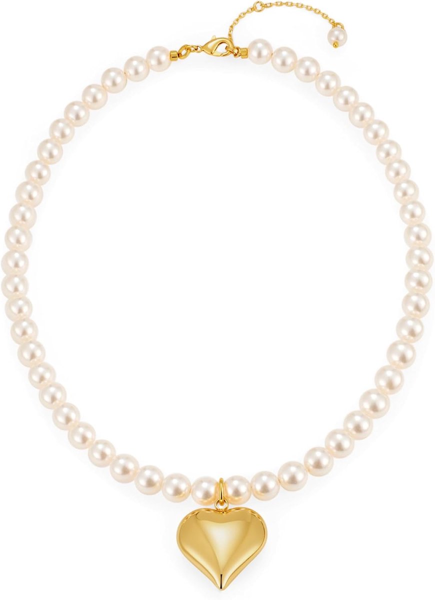 Chunky hart ketting voor vrouwen simuleer parel choker ketting gouden gezwollen hart hanger ketting kreeft gesp verstelbare hart parel ketting, verstelbare maat, messing, geen edelsteen,