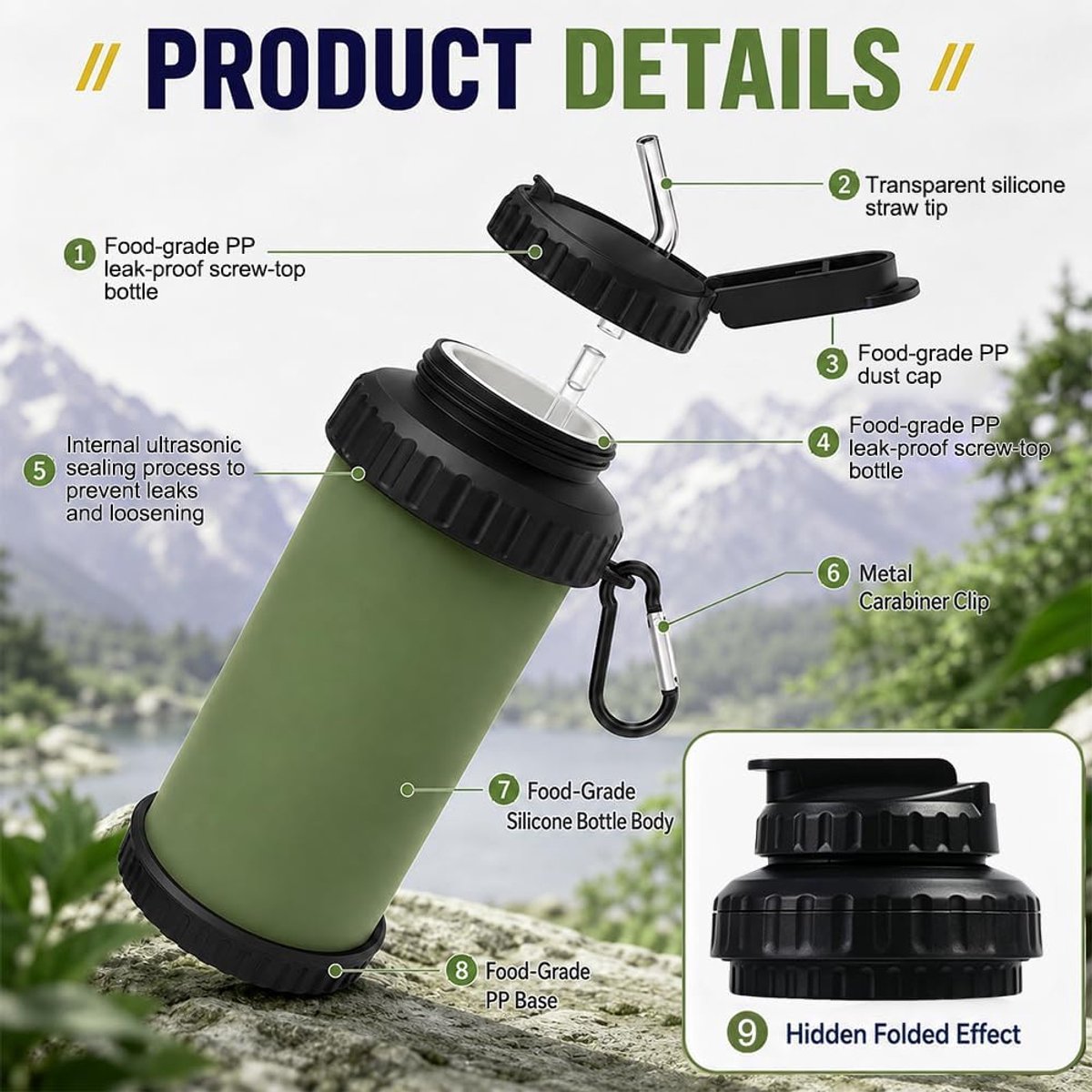 2 Stuks Opvouwbare Waterfles - 750 ml - Siliconen Waterflessen - draagbare Drinkfles - Met Karabijnhaak - Duurzaam - Ideaal voor buitensport, hiking en avonturen — cadeau in Sport & Outdoor - foto 4