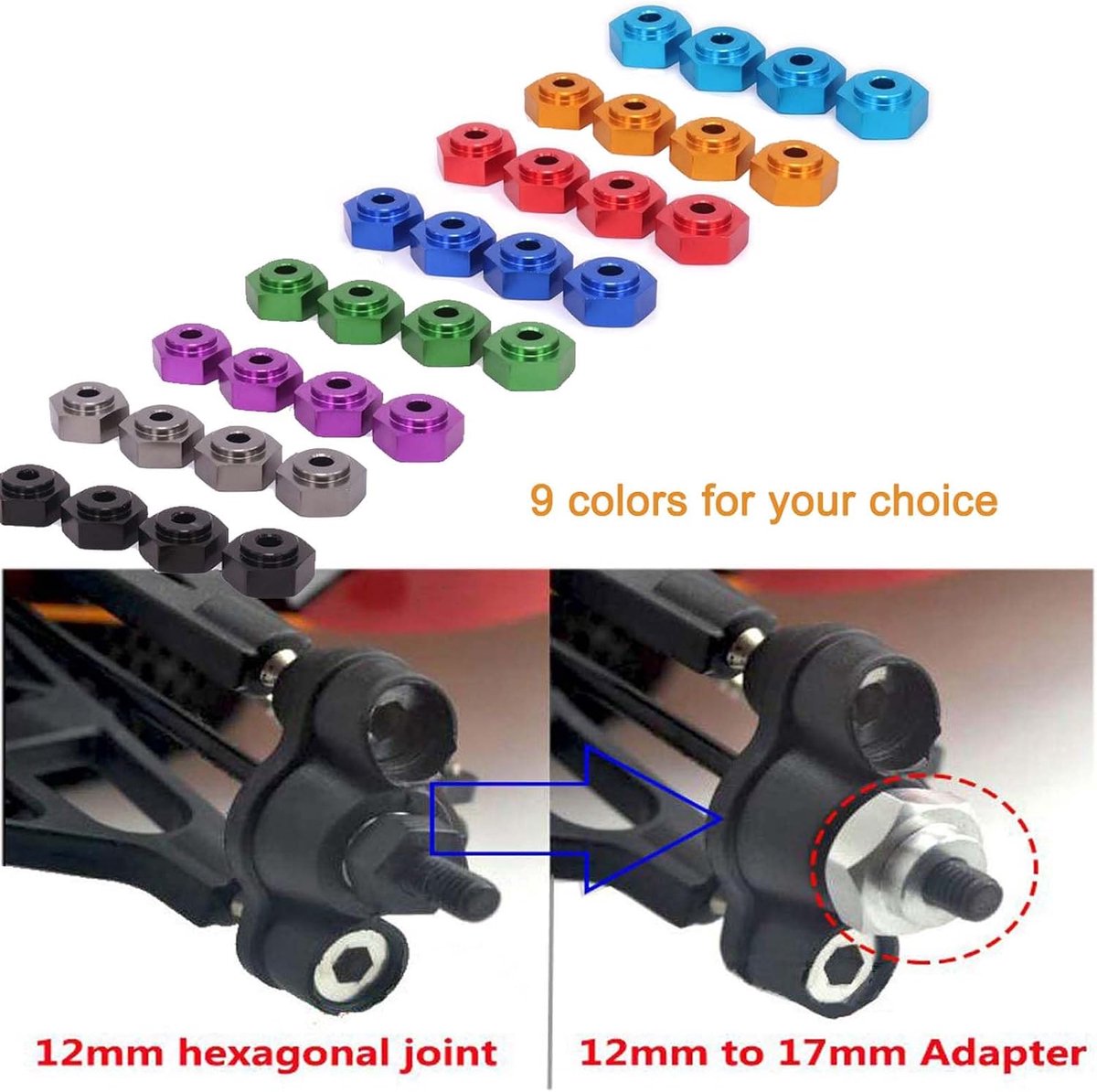 Set van 4 zeshoekige adapters van aluminiumlegering voor HSP 1/10 RC Buggy Monster Bigfoot vrachtwagen kan 1/8 banden gebruiken (groen)