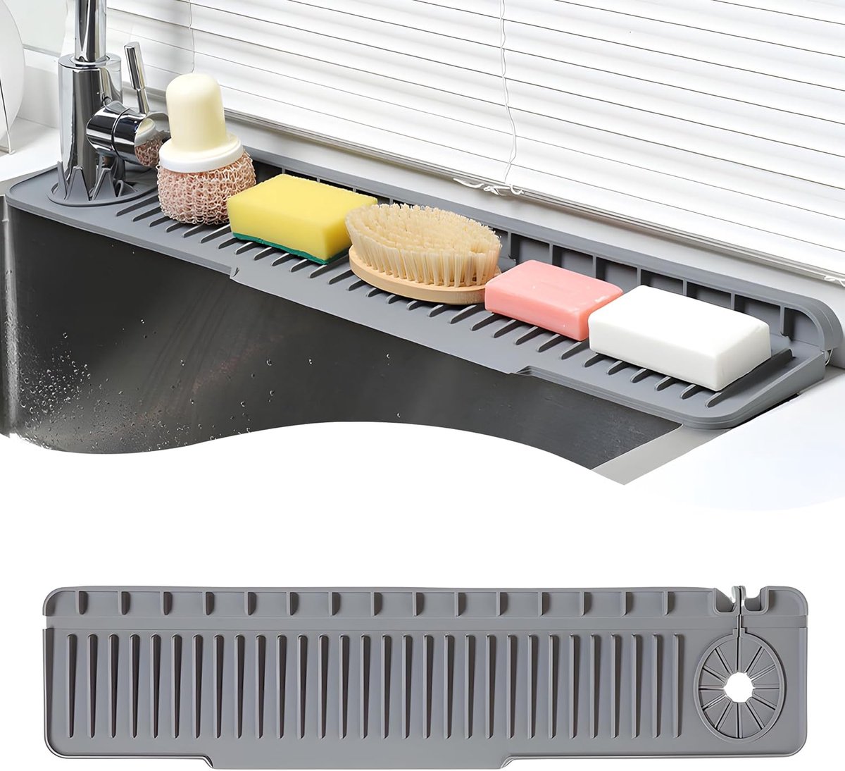 Waterkraanmat, Kraanmat Gootsteen Spatbescherming, Universele Eenzijdige Passvorm Voor Links & Rechts Kraan, Gootsteenmat Spatplaat Voor Keuken & Badkamer (Grijs, 65×14,5 cm)