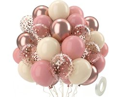 Ballonnen - QIFU 52-delige parelketting met roségouden retro roze ballonnen met zandwitte ballon, latex ballon voor prinsessen, meisjes, vrouwen, verjaardag, babyborrel