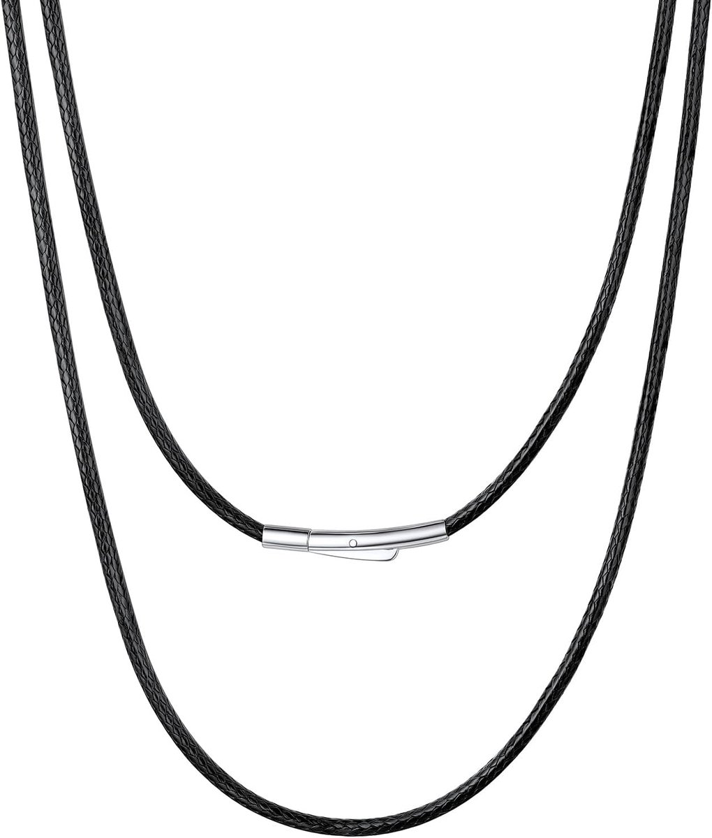 Gevlochten leren ketting, 2 mm/3 mm, voor heren en dames, rubberen halsband met roestvrijstalen sluiting, zwart/bruin, lengte 40-76 cm