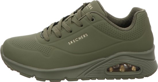 Olijfgroene Skechers Uno dames sneaker met zichtbare luchtdemping in de zool.