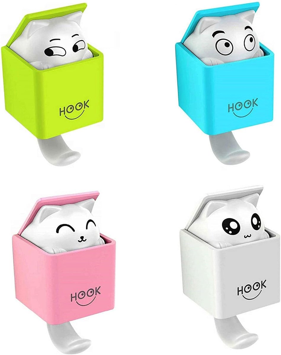 Zelfklevende haken voor huisdieren - 4 stuks - plastic - schattige kattenvorm - voor het ophangen van handdoeken - ShopVlot