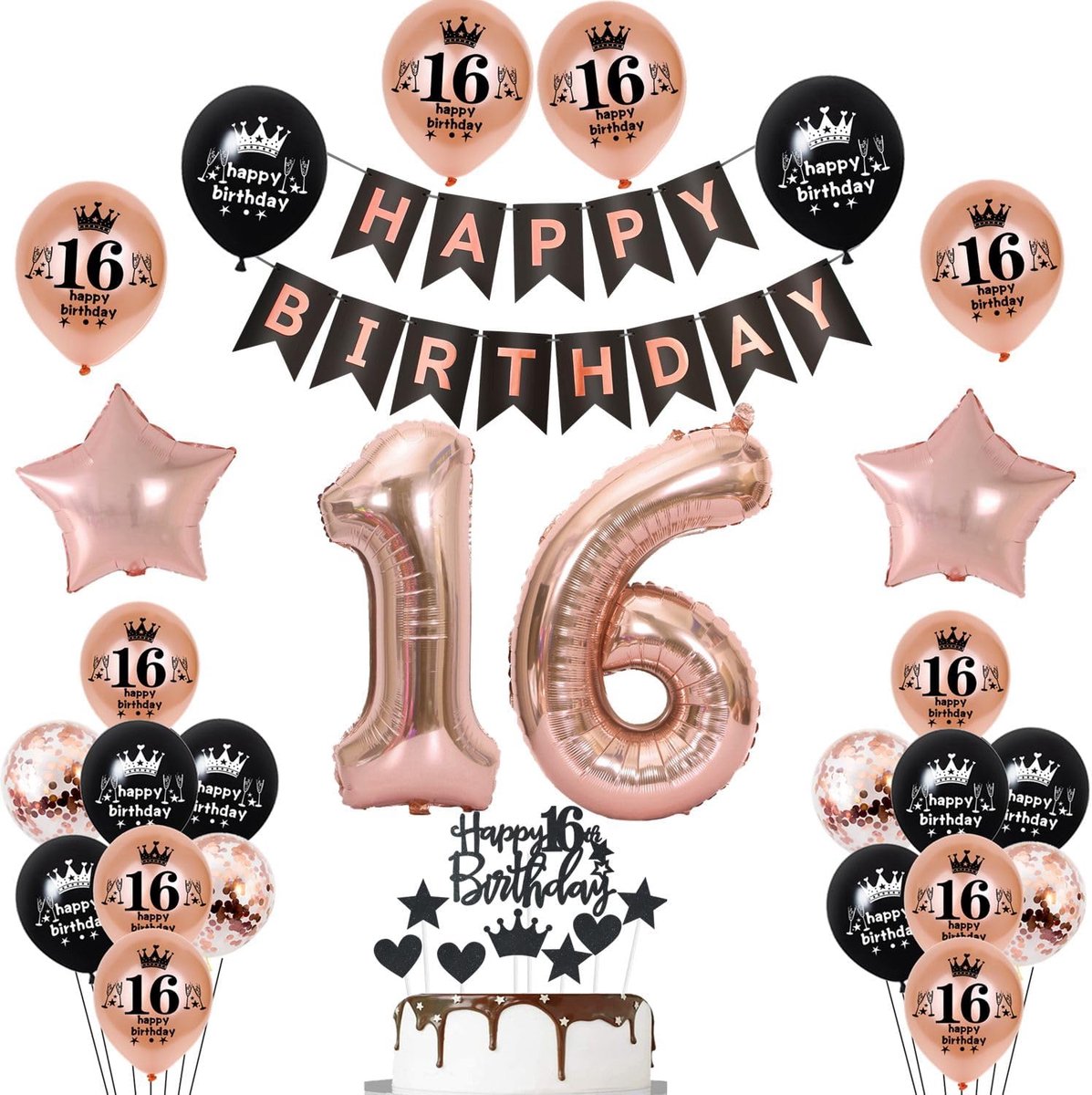 Verjaardagsballonnen 16 jaar - rosegoud zwart - feestelijke garland - unieke cake decoratie - ShopVlot
