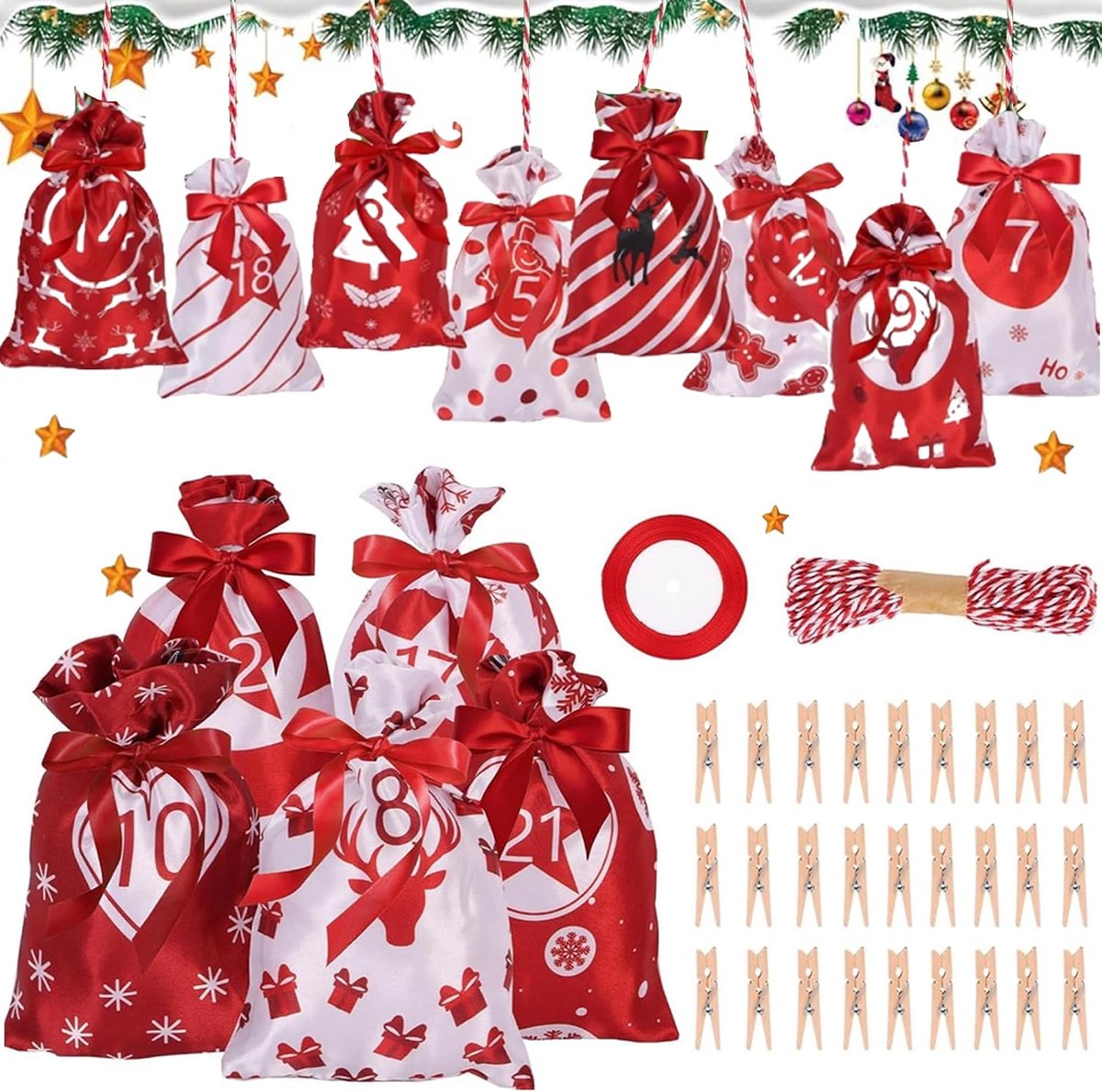 Adventskalenderzakjes 24 stuks - Rood satijn - Herbruikbaar - Vul je eigen kerstcadeaus - ShopVlot